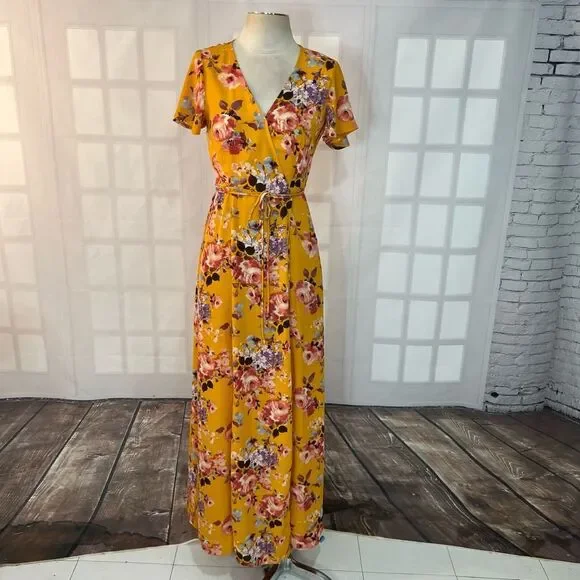 ASOS | Dresses | Rokoko Asos Yellow Surplice Neck True Wrap Floral Short  Sleeve Maxi Dress Small | Poshmark
